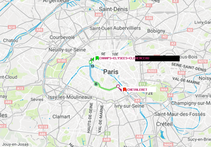 plan itinéraire ratp de Champs-Elysées-Clémenceau à Chevaleret