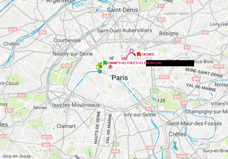 plan itinéraire ratp de Champs-Elysées-Clémenceau à Crimée