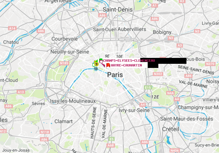 plan itinéraire ratp de Champs-Elysées-Clémenceau à Havre-Caumartin