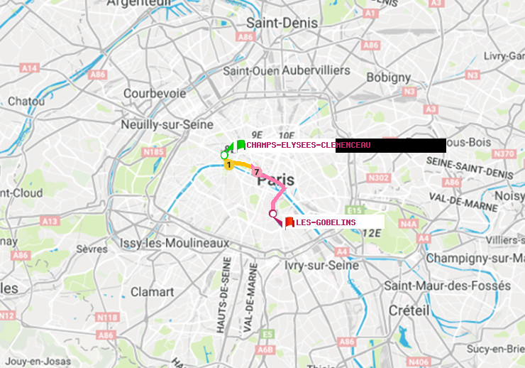 plan itinéraire ratp de Champs-Elysées-Clémenceau à Les Gobelins