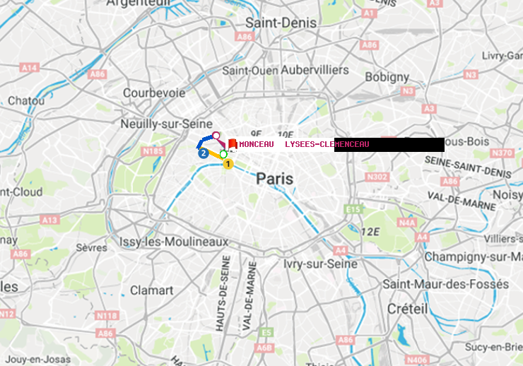 plan itinéraire ratp de Champs-Elysées-Clémenceau à Monceau