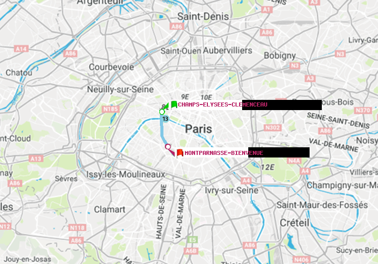plan itinéraire ratp de Champs-Elysées-Clémenceau à Montparnasse-Bienvenue