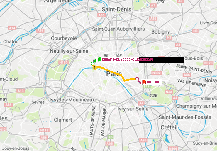 plan itinéraire ratp de Champs-Elysées-Clémenceau à Nation