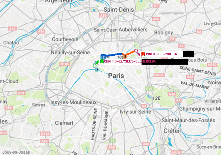 plan itinéraire ratp de Champs-Elysées-Clémenceau à Porte de Pantin