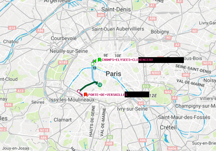 plan itinéraire ratp de Champs-Elysées-Clémenceau à Porte de Versailles
