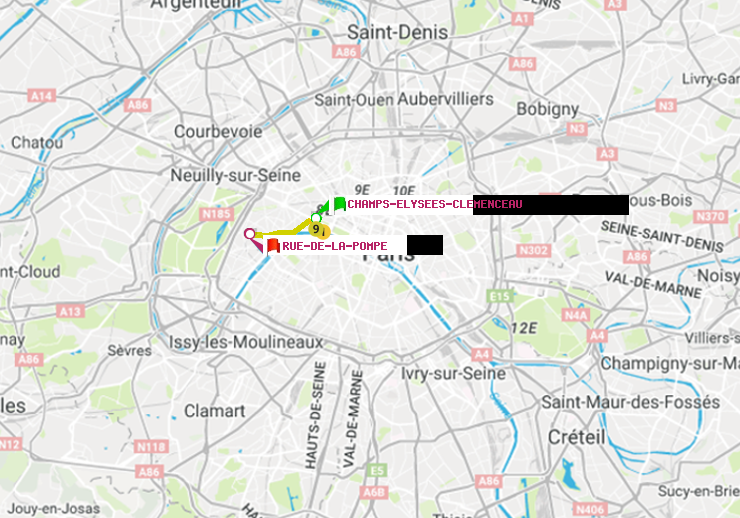 plan itinéraire ratp de Champs-Elysées-Clémenceau à Rue de la Pompe (Avenue Georges Mandel)