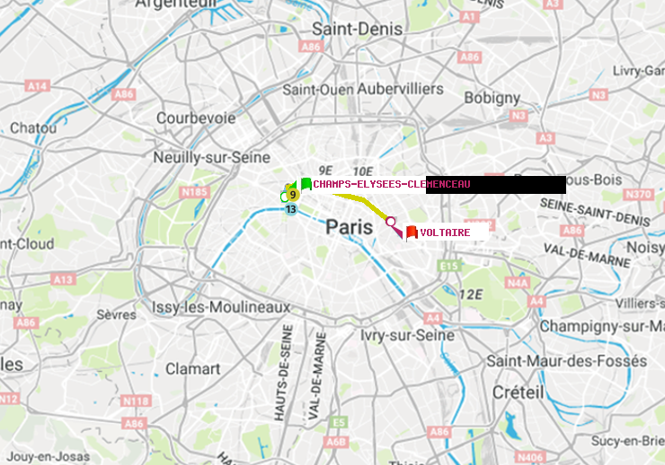 plan itinéraire ratp de Champs-Elysées-Clémenceau à Voltaire (Léon Blum)