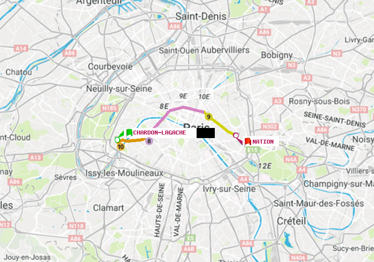 plan itinéraire ratp de Chardon-Lagache à Nation