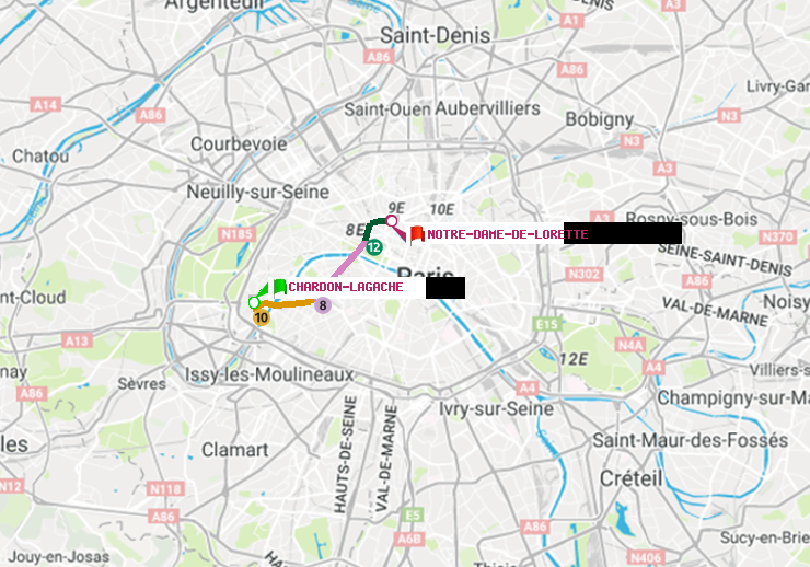 plan itinéraire ratp de Chardon-Lagache à Notre-Dame de Lorette
