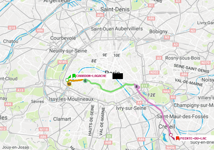 plan itinéraire ratp de Chardon-Lagache à Pointe du Lac