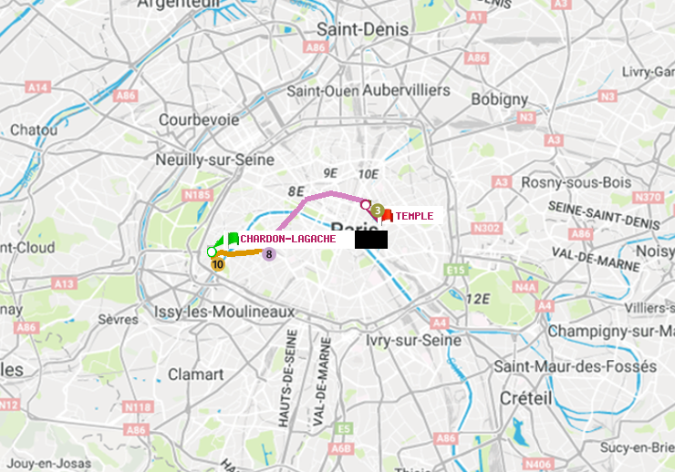 plan itinéraire ratp de Chardon-Lagache à Temple