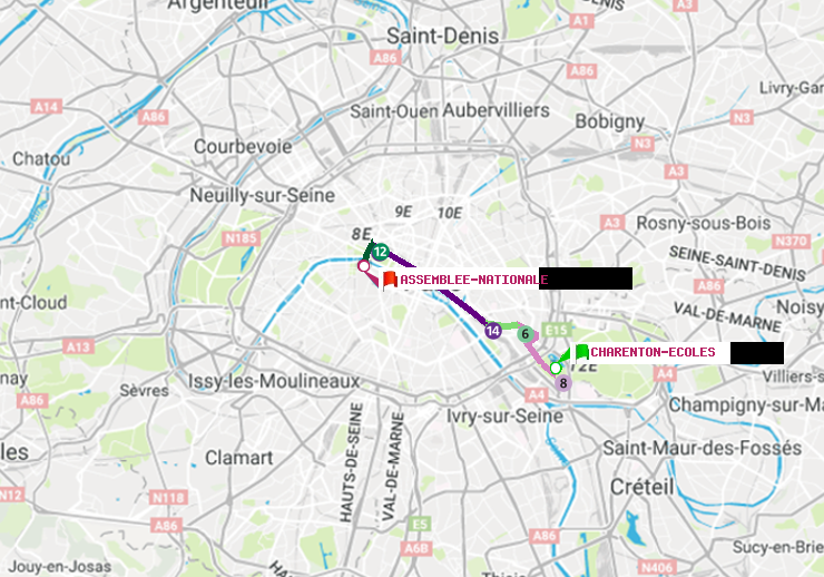 plan itinéraire ratp de Charenton-Ecoles à Assemblée Nationale