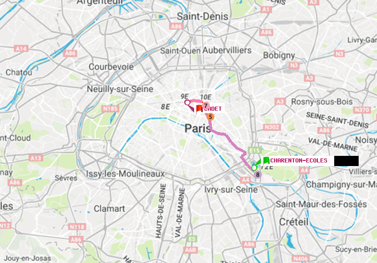 plan itinéraire ratp de Charenton-Ecoles à Cadet