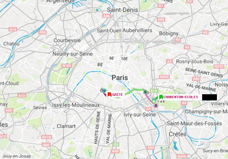 plan itinéraire ratp de Charenton-Ecoles à Gaité