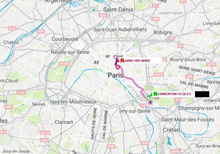 plan itinéraire ratp de Charenton-Ecoles à Gare du Nord