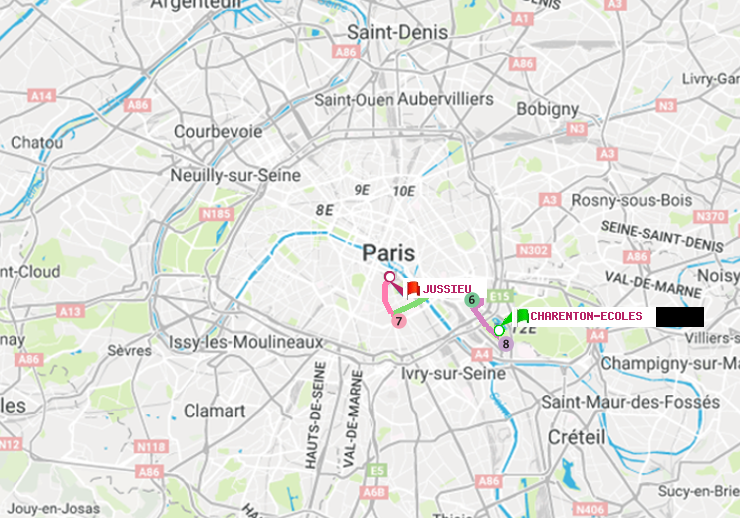 plan itinéraire ratp de Charenton-Ecoles à Jussieu