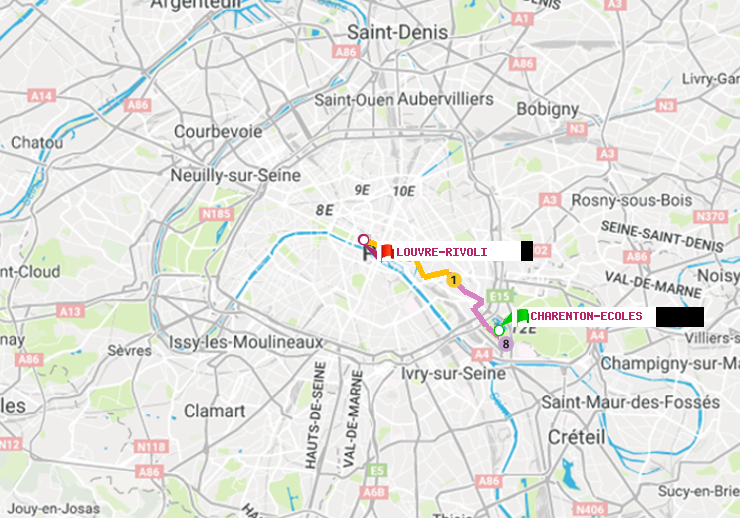 plan itinéraire ratp de Charenton-Ecoles à Louvre-Rivoli