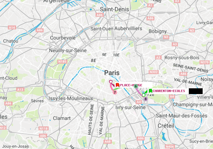 plan itinéraire ratp de Charenton-Ecoles à Place Monge (Jardin des Plantes)