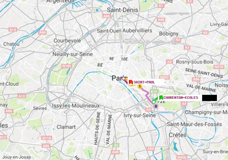 plan itinéraire ratp de Charenton-Ecoles à Saint-Paul (Le Marais)