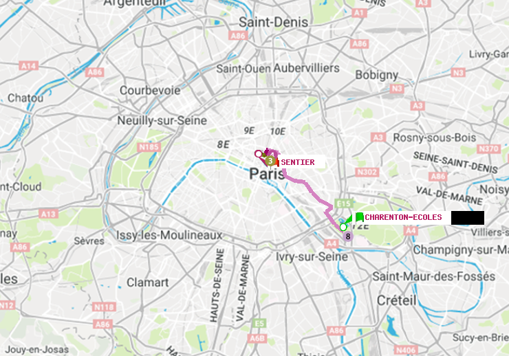 plan itinéraire ratp de Charenton-Ecoles à Sentier
