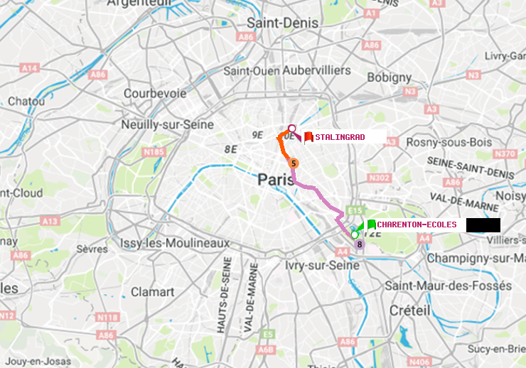 plan itinéraire ratp de Charenton-Ecoles à Stalingrad