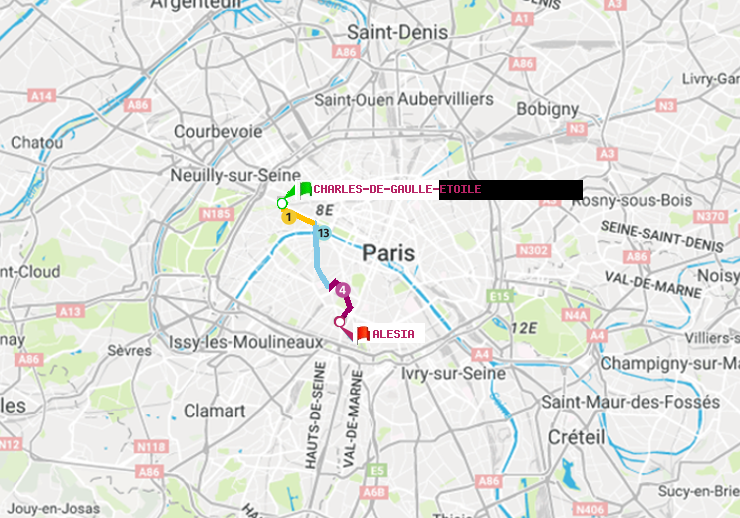 plan itinéraire ratp de Charles de Gaulle-Etoile à Alésia