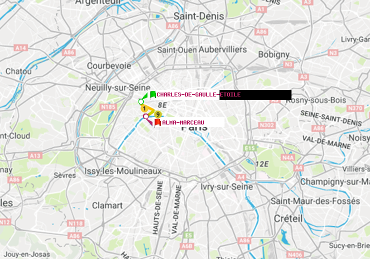 plan itinéraire ratp de Charles de Gaulle-Etoile à Alma-Marceau