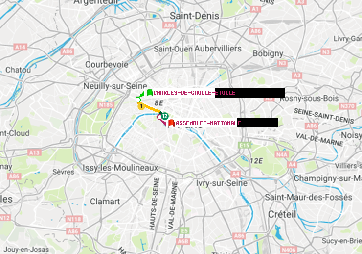 plan itinéraire ratp de Charles de Gaulle-Etoile à Assemblée Nationale