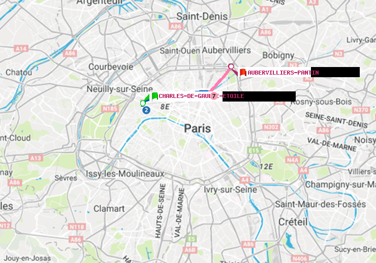 plan itinéraire ratp de Charles de Gaulle-Etoile à Aubervilliers Pantin (4 Chemins)