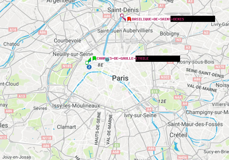 plan itinéraire ratp de Charles de Gaulle-Etoile à Basilique de Saint-Denis