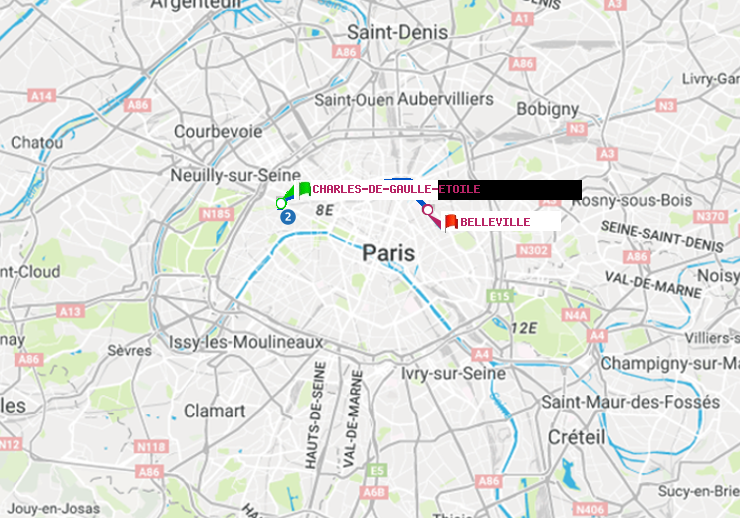 plan itinéraire ratp de Charles de Gaulle-Etoile à Belleville