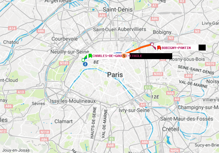 plan itinéraire ratp de Charles de Gaulle-Etoile à Bobigny-Pantin (Raymond Queneau)