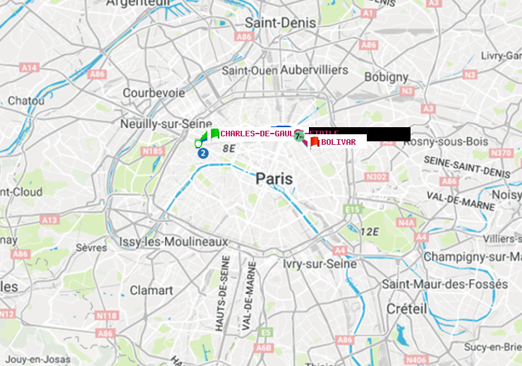 plan itinéraire ratp de Charles de Gaulle-Etoile à Bolivar