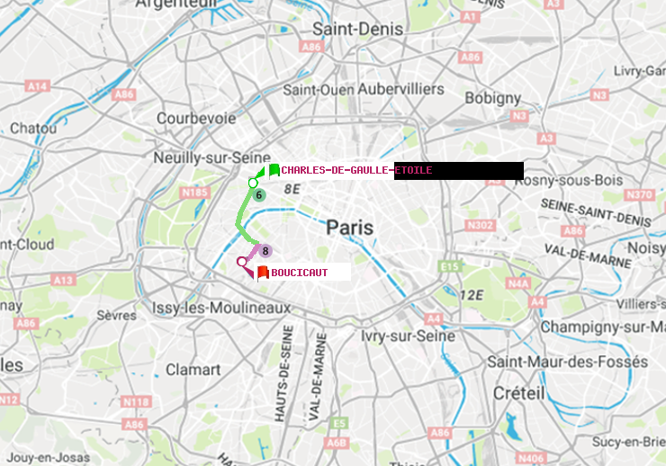 plan itinéraire ratp de Charles de Gaulle-Etoile à Boucicaut
