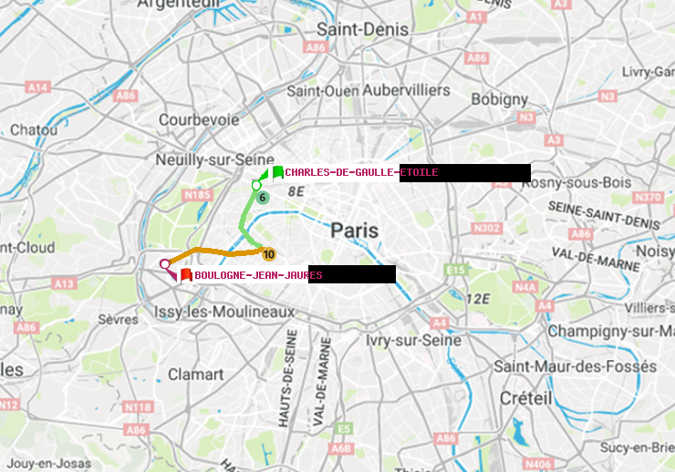 plan itinéraire ratp de Charles de Gaulle-Etoile à Boulogne-Jean-Jaurès