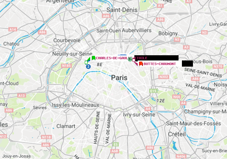 plan itinéraire ratp de Charles de Gaulle-Etoile à Buttes-Chaumont
