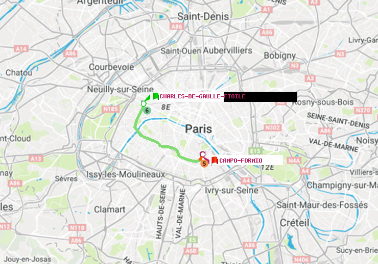 plan itinéraire ratp de Charles de Gaulle-Etoile à Campo-Formio