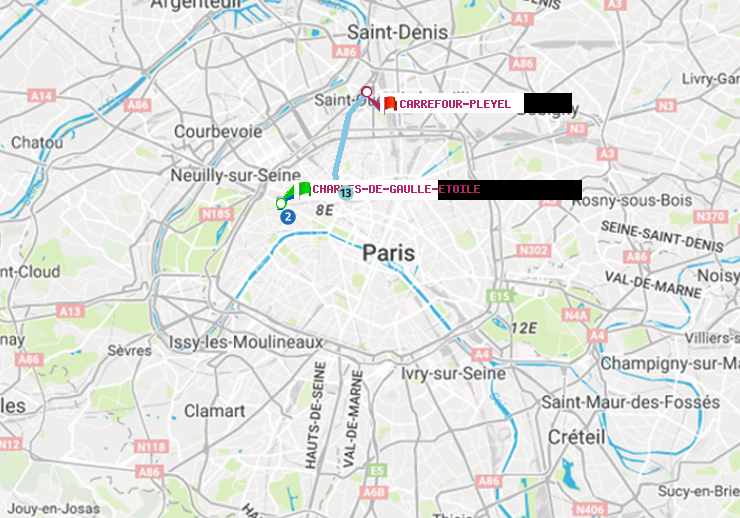 plan itinéraire ratp de Charles de Gaulle-Etoile à Carrefour-Pleyel