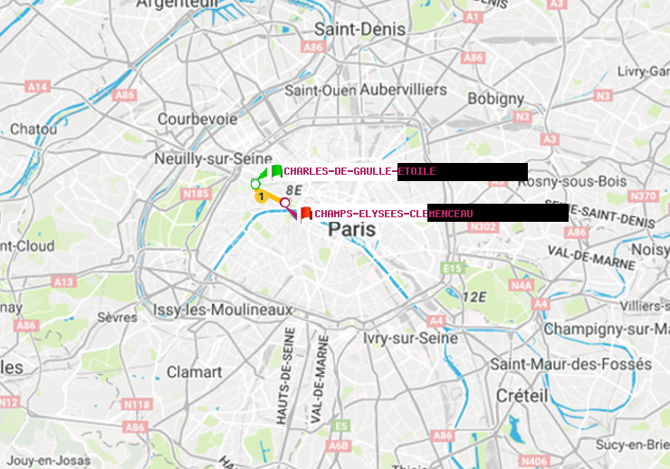 plan itinéraire ratp de Charles de Gaulle-Etoile à Champs-Elysées-Clémenceau