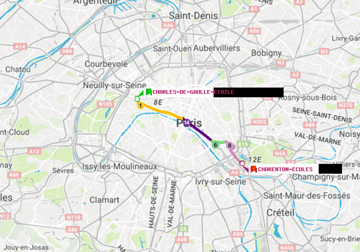 plan itinéraire ratp de Charles de Gaulle-Etoile à Charenton-Ecoles