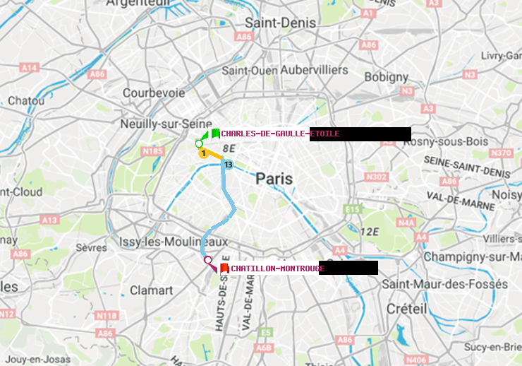 plan itinéraire ratp de Charles de Gaulle-Etoile à Châtillon Montrouge