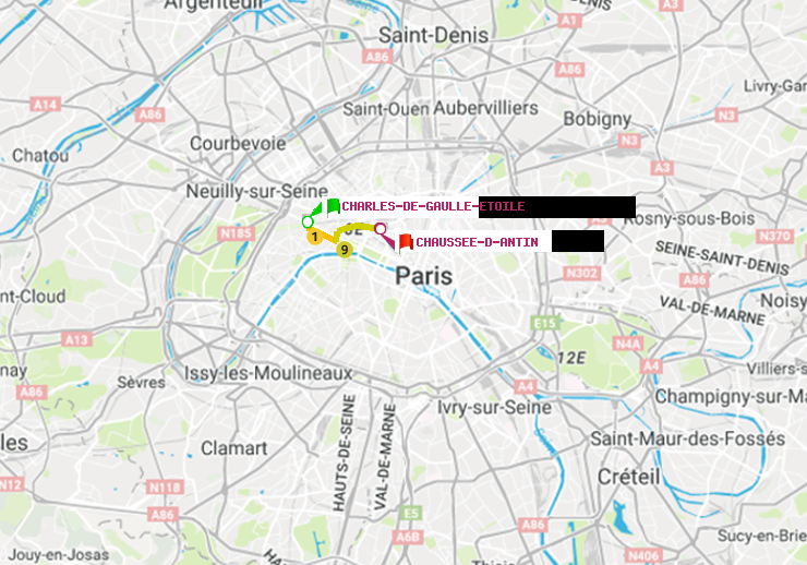 plan itinéraire ratp de Charles de Gaulle-Etoile à Chaussée d
