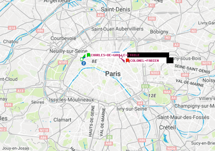 plan itinéraire ratp de Charles de Gaulle-Etoile à Colonel Fabien