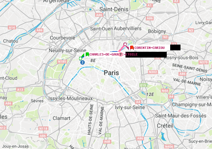 plan itinéraire ratp de Charles de Gaulle-Etoile à Corentin-Cariou