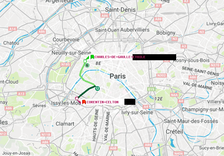 plan itinéraire ratp de Charles de Gaulle-Etoile à Corentin-Celton