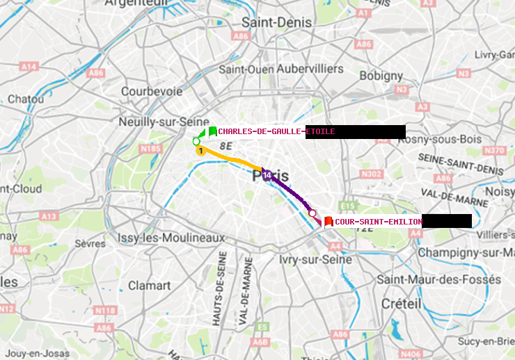 plan itinéraire ratp de Charles de Gaulle-Etoile à Cour Saint-Emilion