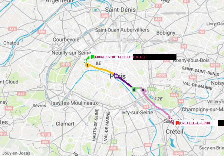 plan itinéraire ratp de Charles de Gaulle-Etoile à Créteil-L