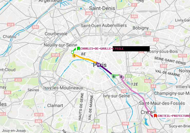 plan itinéraire ratp de Charles de Gaulle-Etoile à Créteil-Préfecture (Hôtel de Ville)