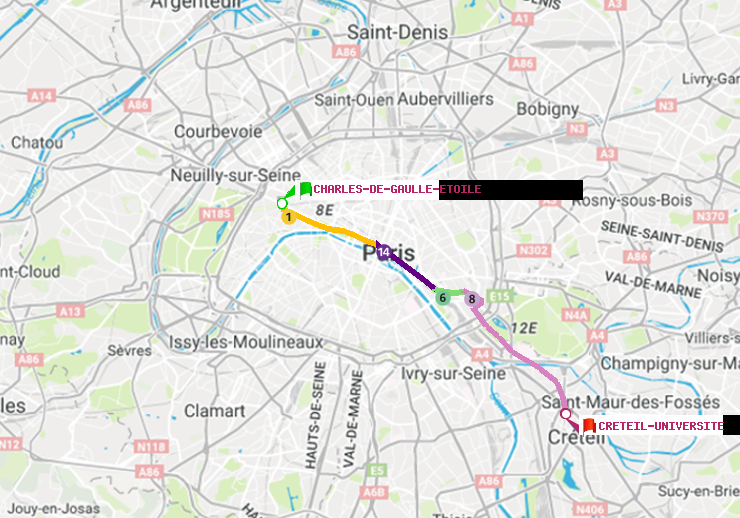 plan itinéraire ratp de Charles de Gaulle-Etoile à Créteil-Université