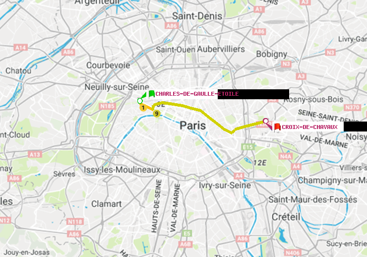plan itinéraire ratp de Charles de Gaulle-Etoile à Croix-de-Chavaux (Jacques Duclos)